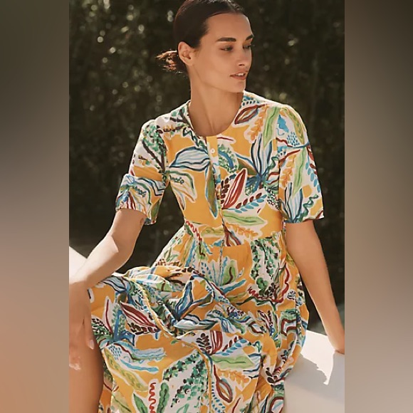 Ro’s Garden Daphne Midi Dress M Floral Tiered Cotton Boho Resort Yellow